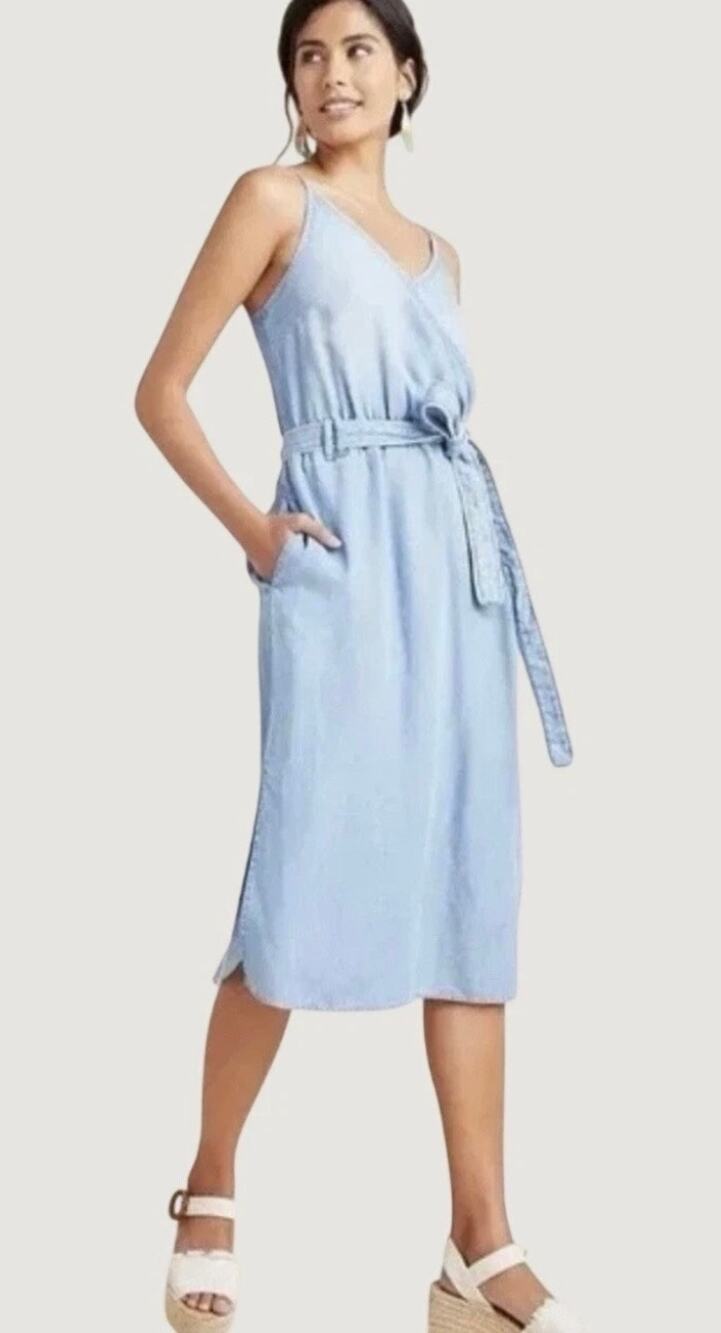 Cloth & Stone Anthropologie Surplice Chambray Dress Large Blue Midi Tie Waist